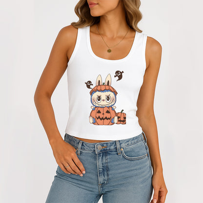 Pumpkin Labubu The Monsters Women's Sleeveless Scoop Neck Ribbed Tank Summer Basic Slim Cute Tops For Labubu Lover