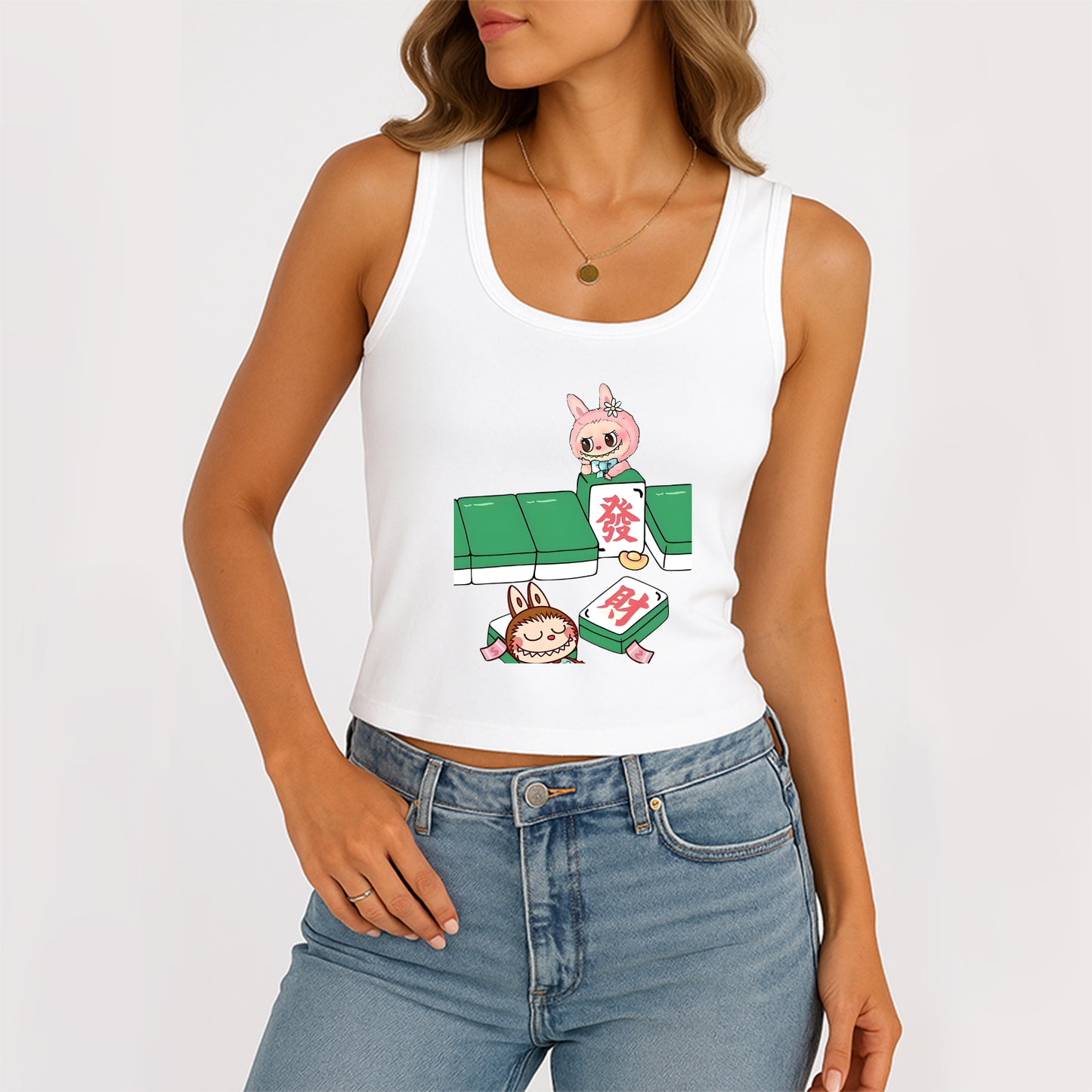 Mahjong Labubu The Monsters Women's Sleeveless Scoop Neck Ribbed Tank Summer Basic Slim Cute Tops For Labubu Lover