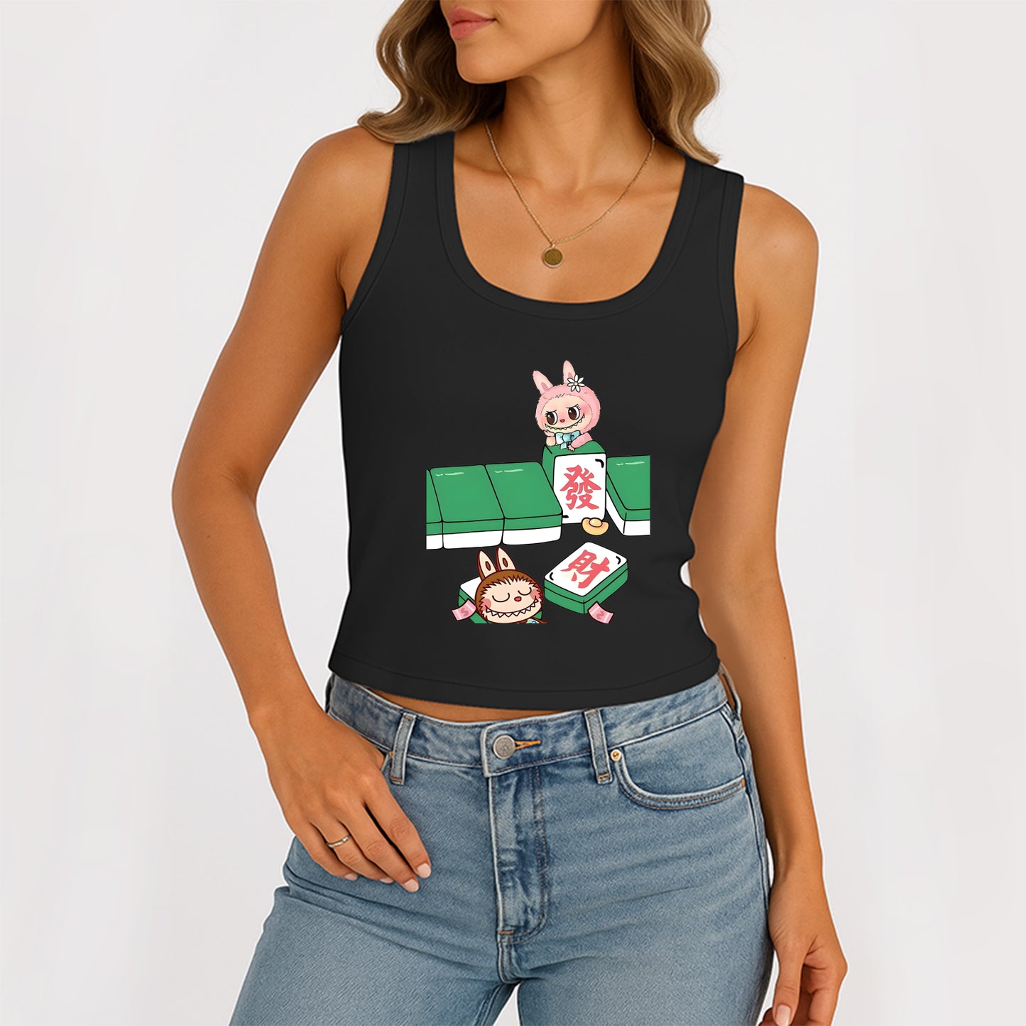 Mahjong Labubu The Monsters Women's Sleeveless Scoop Neck Ribbed Tank Summer Basic Slim Cute Tops For Labubu Lover