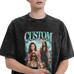 Custom Vintage Washed T-Shirt with People and Pets Portraits and Name 90's Tee