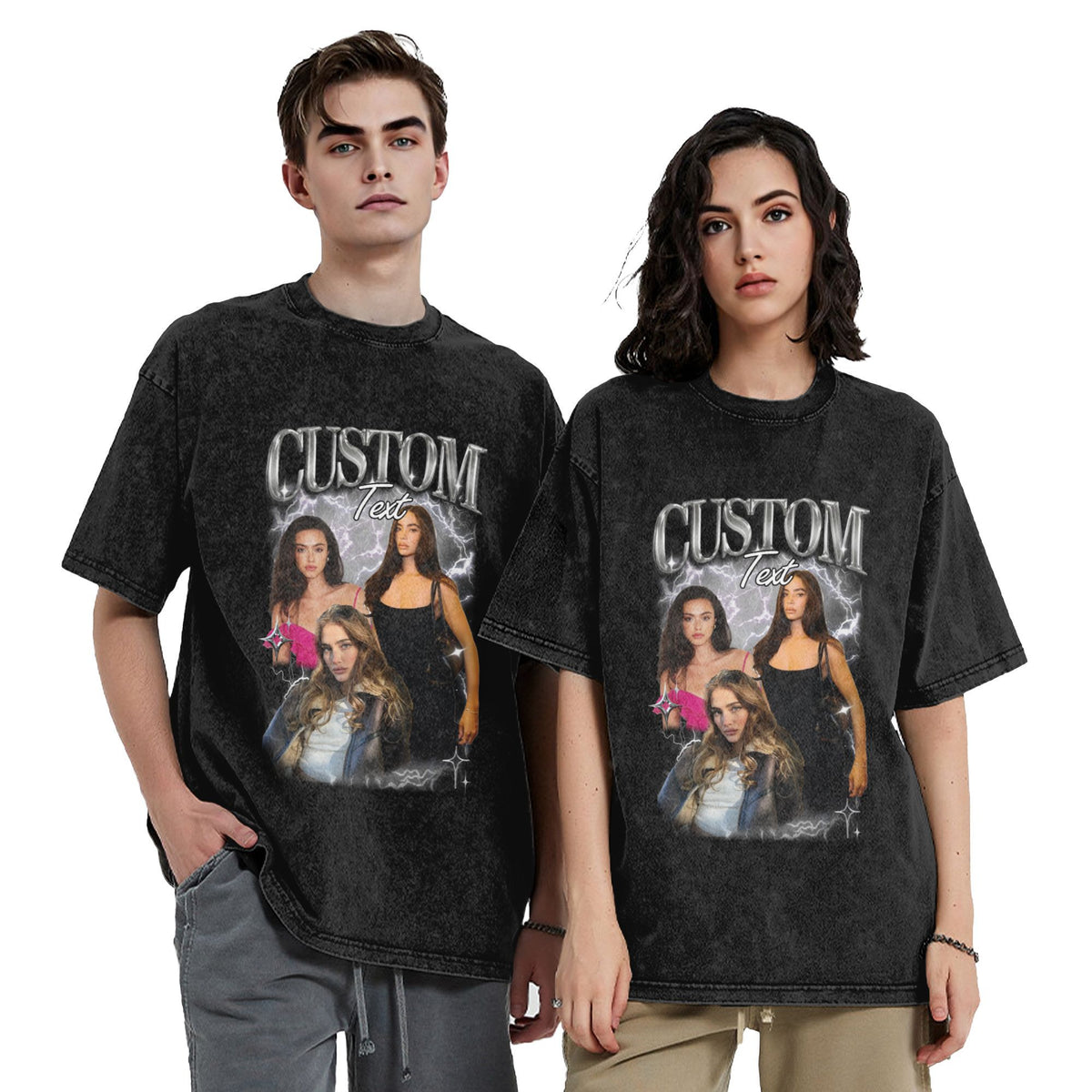 Custom Vintage Washed T-Shirt with People and Pets Portraits and Name 90's Tee