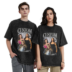 Custom Vintage Washed T-Shirt with People and Pets Portraits and Name 90's Tee