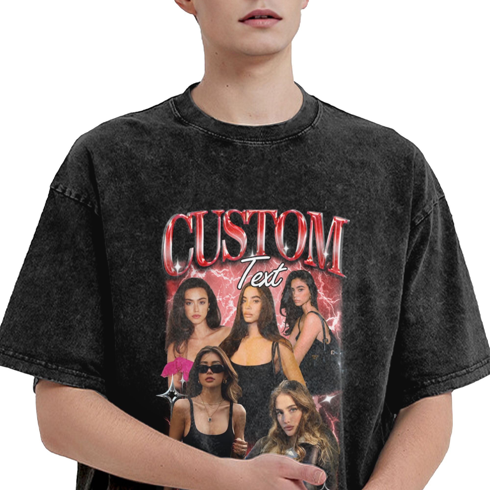 Custom Vintage Washed T-Shirt with People and Pets Portraits and Name 90's Tee