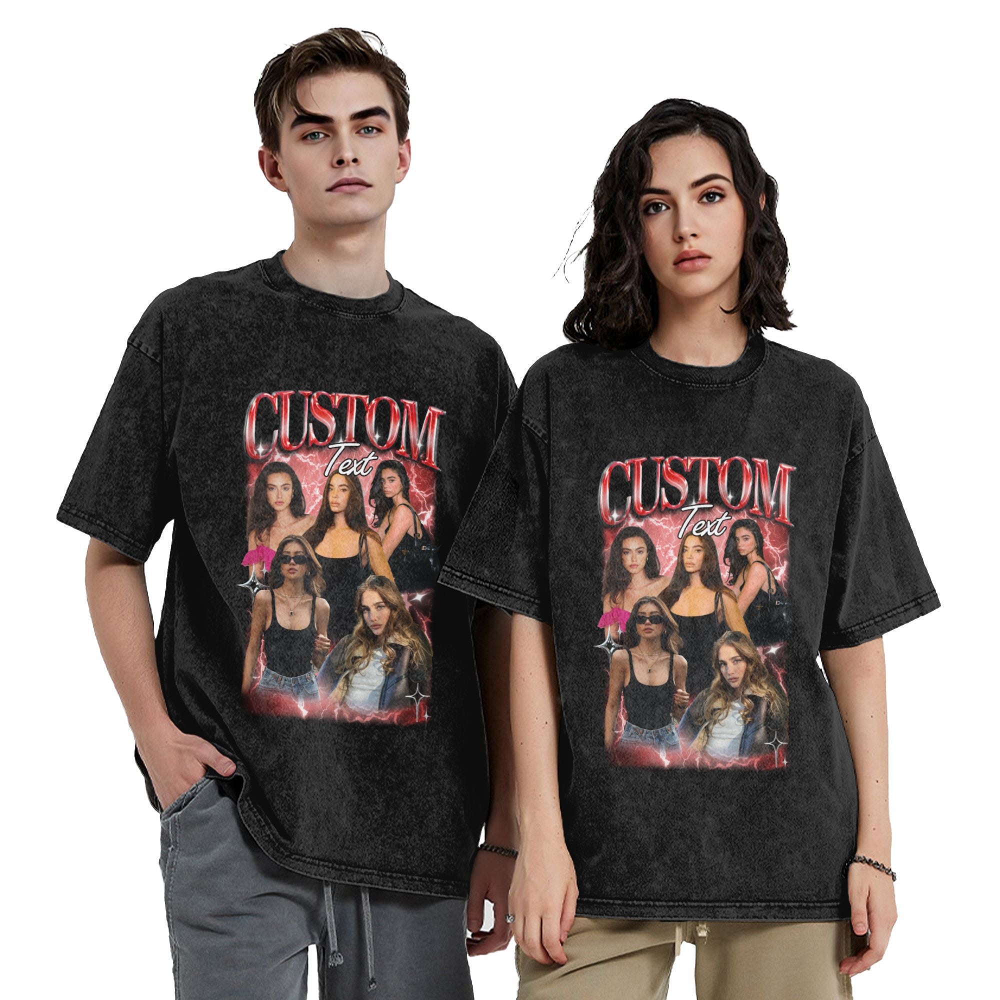 Custom Vintage Washed T-Shirt with People and Pets Portraits and Name 90's Tee