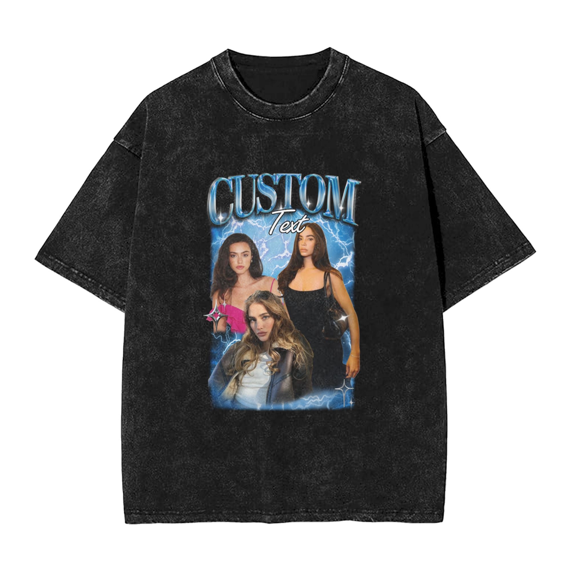 Custom Vintage Washed T-Shirt with People and Pets Portraits and Name 90's Tee