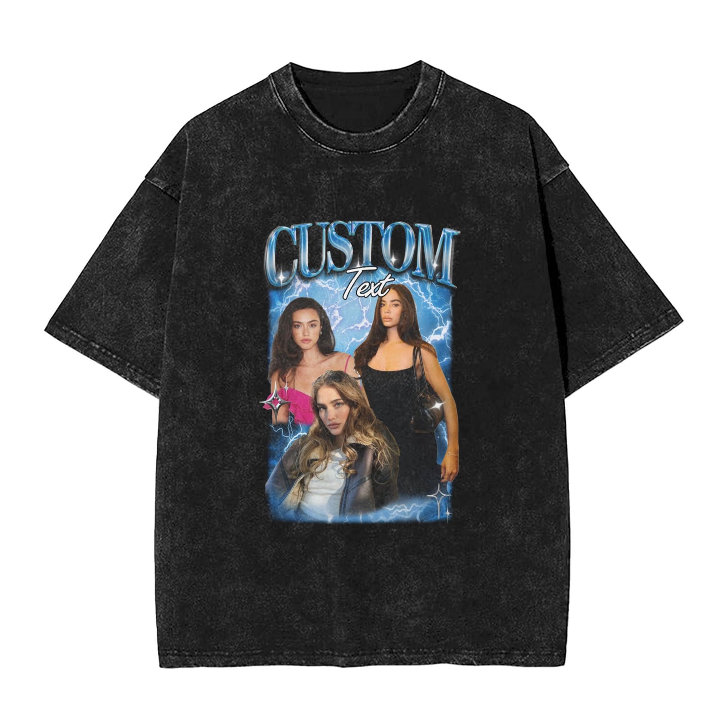 Custom Vintage Washed T-Shirt with People and Pets Portraits and Name 90's Tee