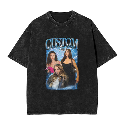 Custom Vintage Washed T-Shirt with People and Pets Portraits and Name 90's Tee
