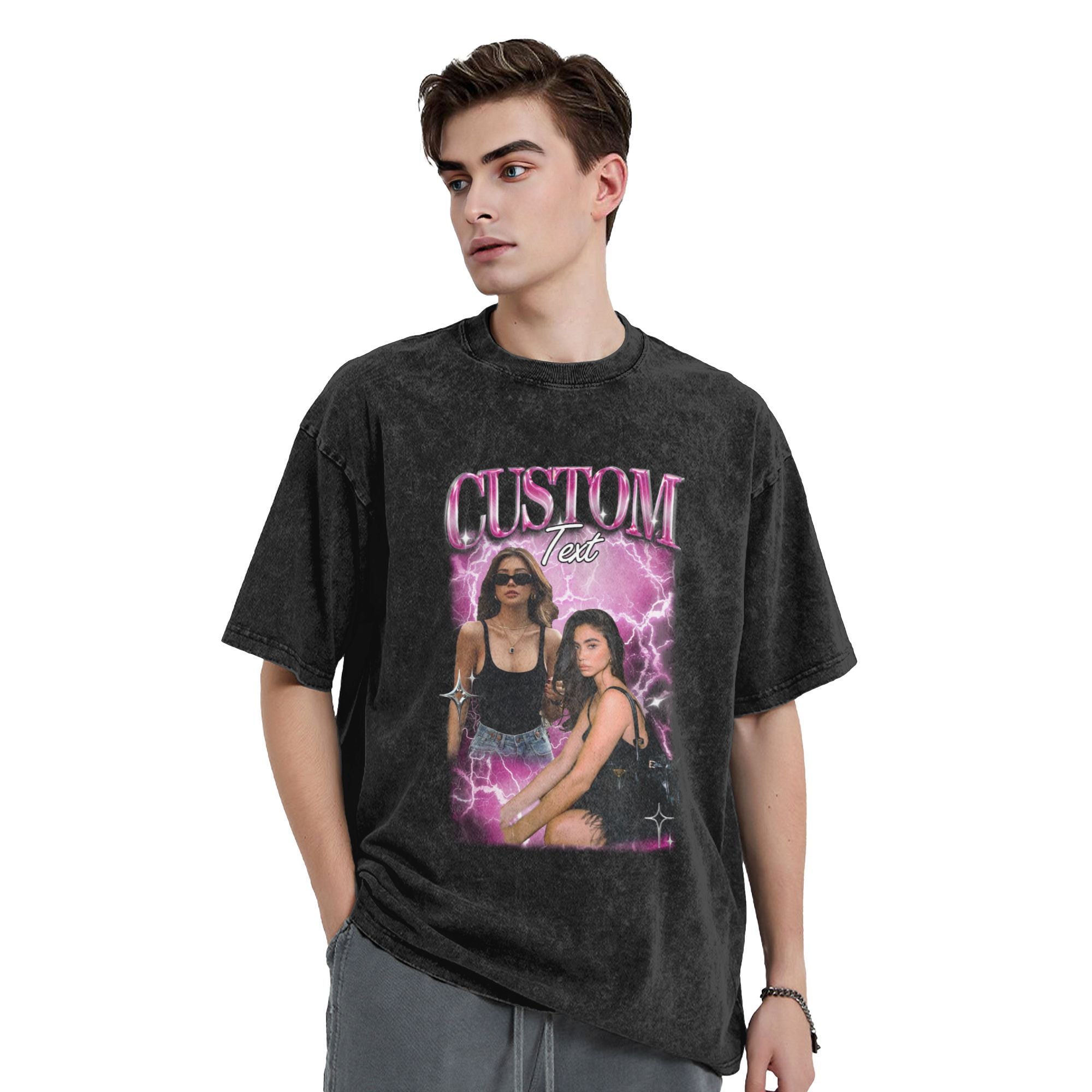 Custom Vintage Washed T-Shirt with People and Pets Portraits and Name 90's Tee