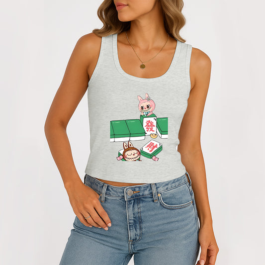 Mahjong Labubu The Monsters Women's Sleeveless Scoop Neck Ribbed Tank Summer Basic Slim Cute Tops For Labubu Lover