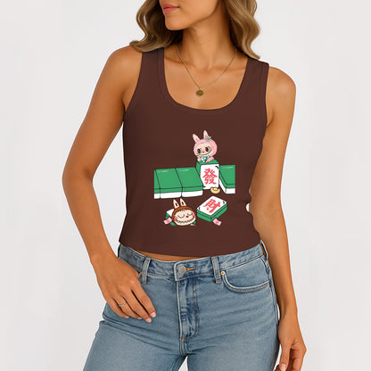 Mahjong Labubu The Monsters Women's Sleeveless Scoop Neck Ribbed Tank Summer Basic Slim Cute Tops For Labubu Lover
