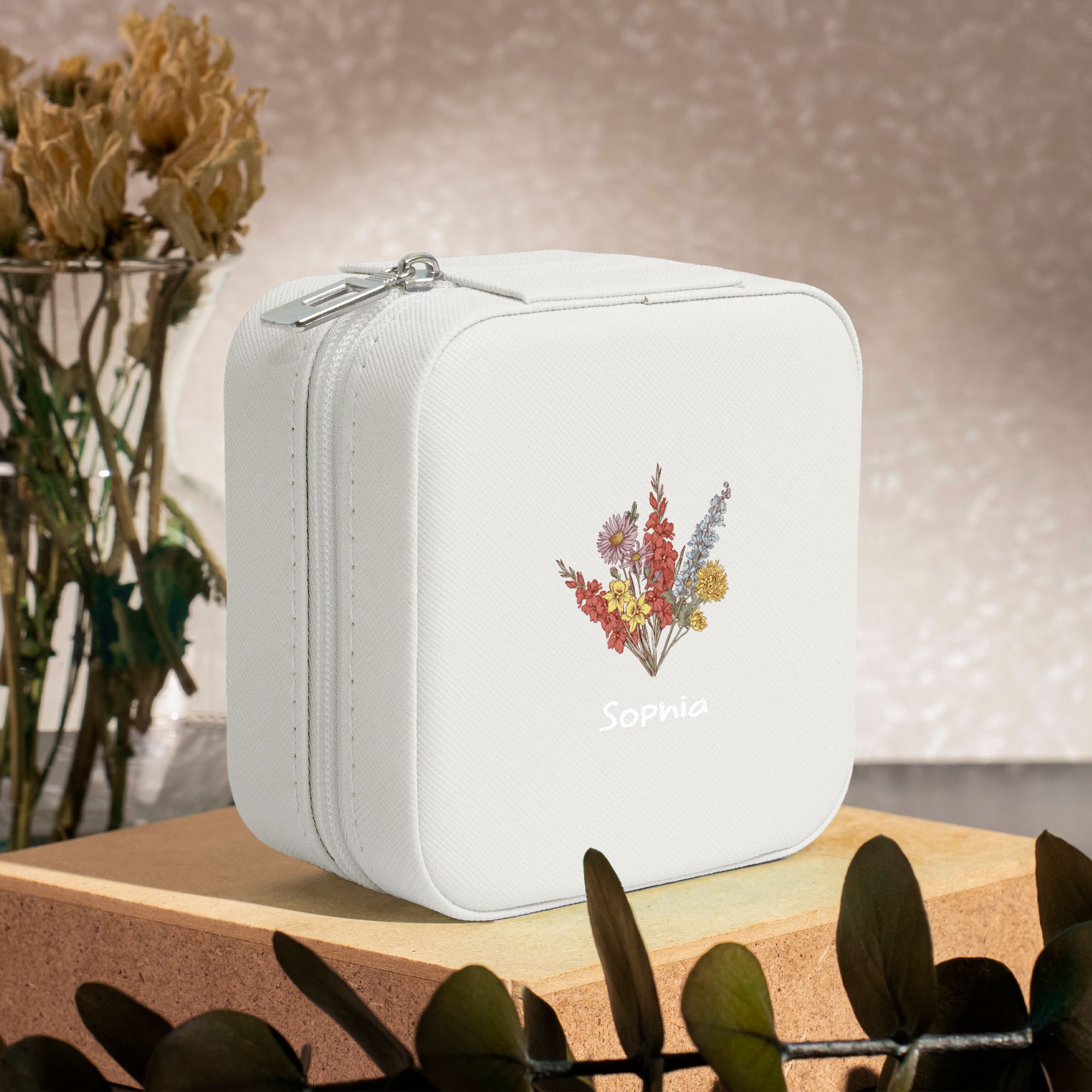 Personalized Birth Flower Jewelry Box Organizer with Name Birthday Wedding Gift for Woman