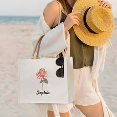 Personalized Birth Flower Canvas Tote Bag with Name Christmas Birthday Mother's Day Gift for Women
