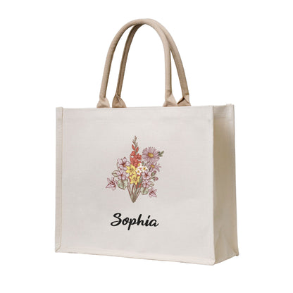Personalized Birth Flower Canvas Tote Bag with Name Christmas Birthday Mother's Day Gift for Women