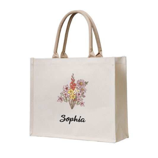 Personalized Birth Flower Canvas Tote Bag with Name Christmas Birthday Mother's Day Gift for Women