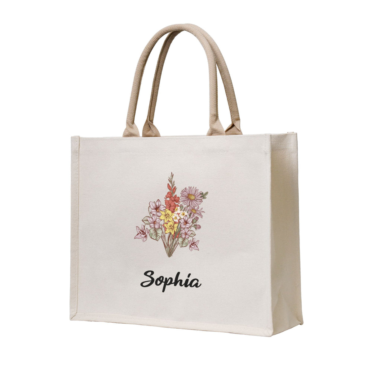 Personalized Birth Flower Canvas Tote Bag with Name Christmas Birthday Mother's Day Gift for Women