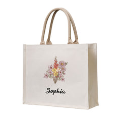 Personalized Birth Flower Canvas Tote Bag with Name Christmas Birthday Mother's Day Gift for Women