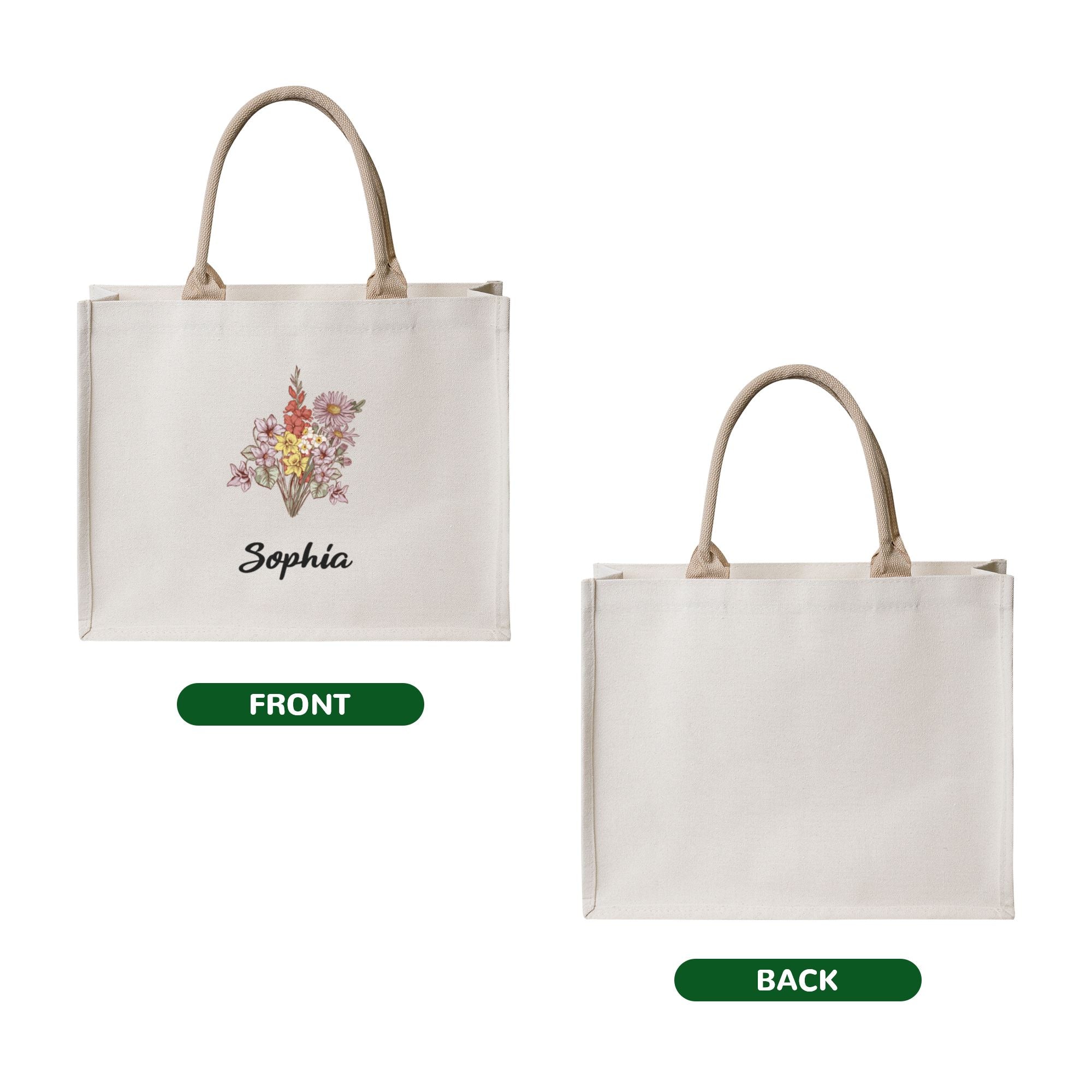 Personalized Birth Flower Canvas Tote Bag with Name Christmas Birthday Mother's Day Gift for Women