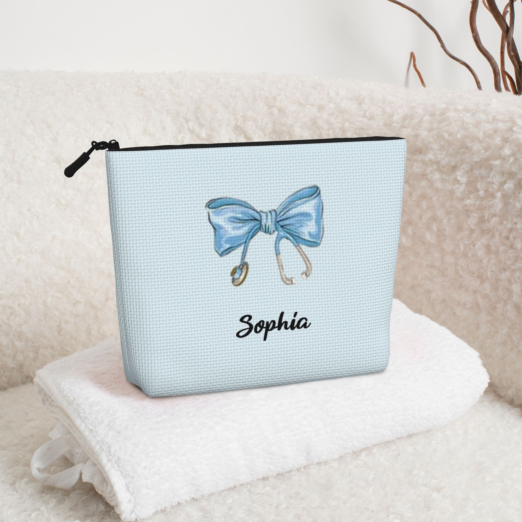 Personalized Bow Stethoscope Single-Layer Linen Style Makeup Bag Gift for Nurse
