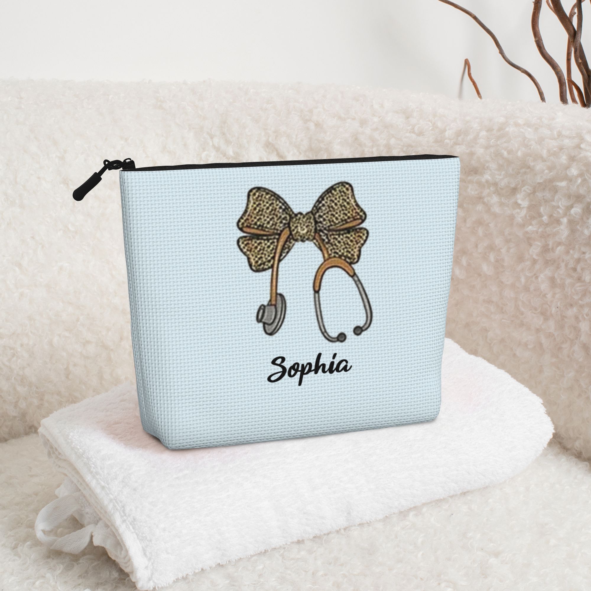 Personalized Bow Stethoscope Single-Layer Linen Style Makeup Bag Gift for Nurse
