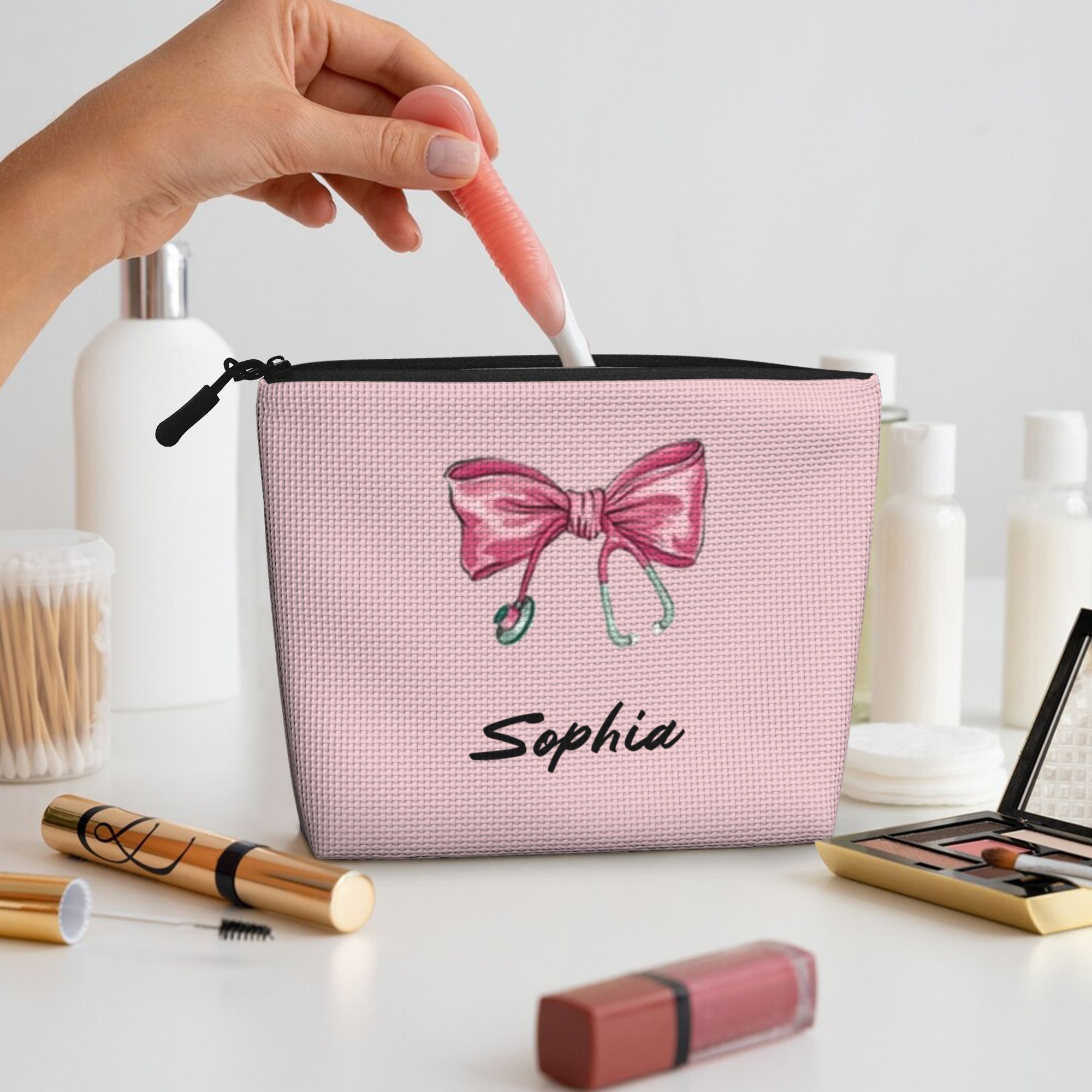 Personalized Bow Stethoscope Single-Layer Linen Style Makeup Bag Gift for Nurse