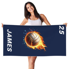 Personalized Ball Sports Flame Basketball Quick Dry Peach Skin Velvet Beach Towel with Name and Number Beach Accessories Gift for Sport Lovers