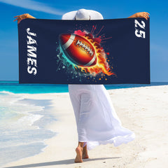 Personalized Ball Sports Flame Basketball Quick Dry Peach Skin Velvet Beach Towel with Name and Number Beach Accessories Gift for Sport Lovers