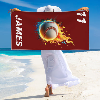 Personalized Ball Sports Flame Basketball Quick Dry Peach Skin Velvet Beach Towel with Name and Number Beach Accessories Gift for Sport Lovers