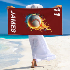 Personalized Ball Sports Flame Basketball Quick Dry Peach Skin Velvet Beach Towel with Name and Number Beach Accessories Gift for Sport Lovers