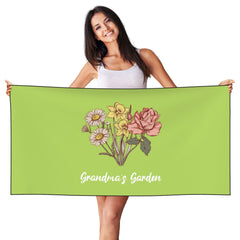 Personalized Birth Flower Quick Dry Peach Skin Velvet Beach Towel with Name Beach Accessories Gift for Mom Grandma