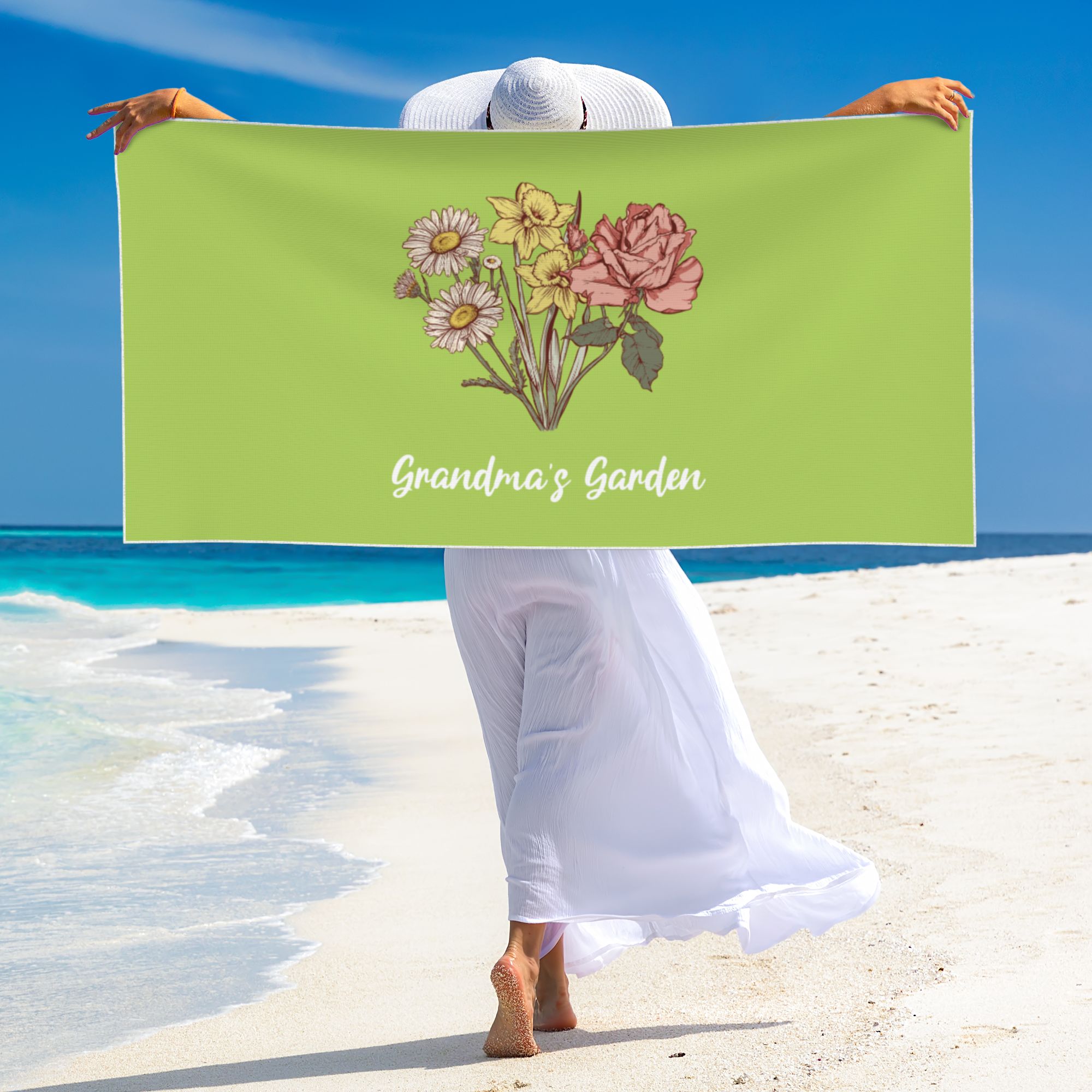 Personalized Birth Flower Quick Dry Peach Skin Velvet Beach Towel with Name Beach Accessories Gift for Mom Grandma