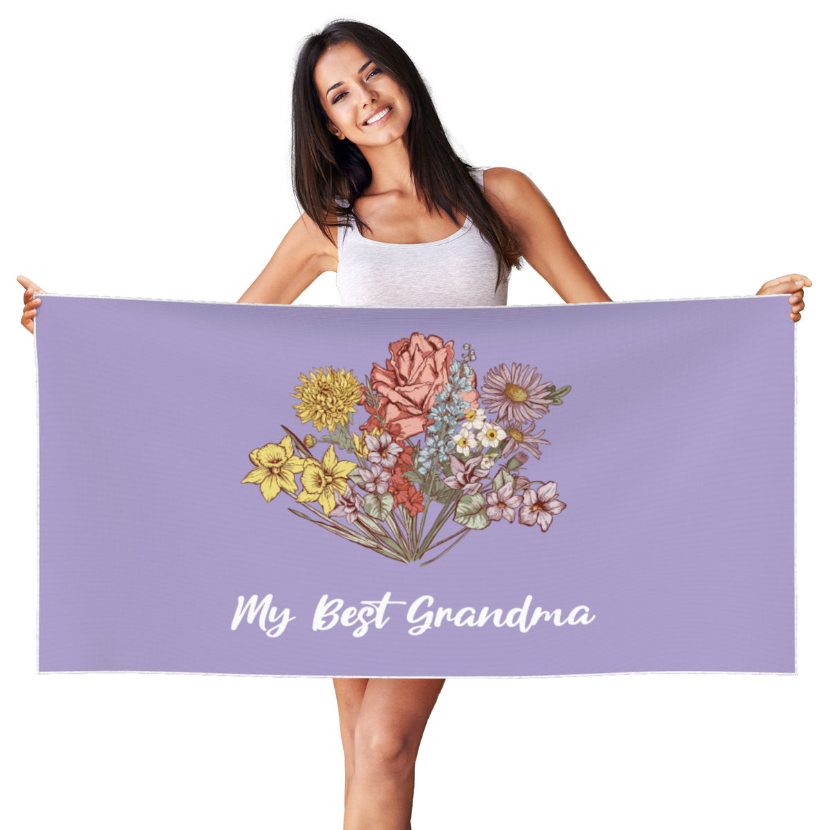 Personalized Birth Flower Quick Dry Peach Skin Velvet Beach Towel with Name Beach Accessories Gift for Mom Grandma
