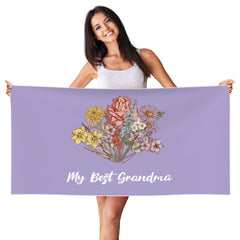 Personalized Birth Flower Quick Dry Peach Skin Velvet Beach Towel with Name Beach Accessories Gift for Mom Grandma