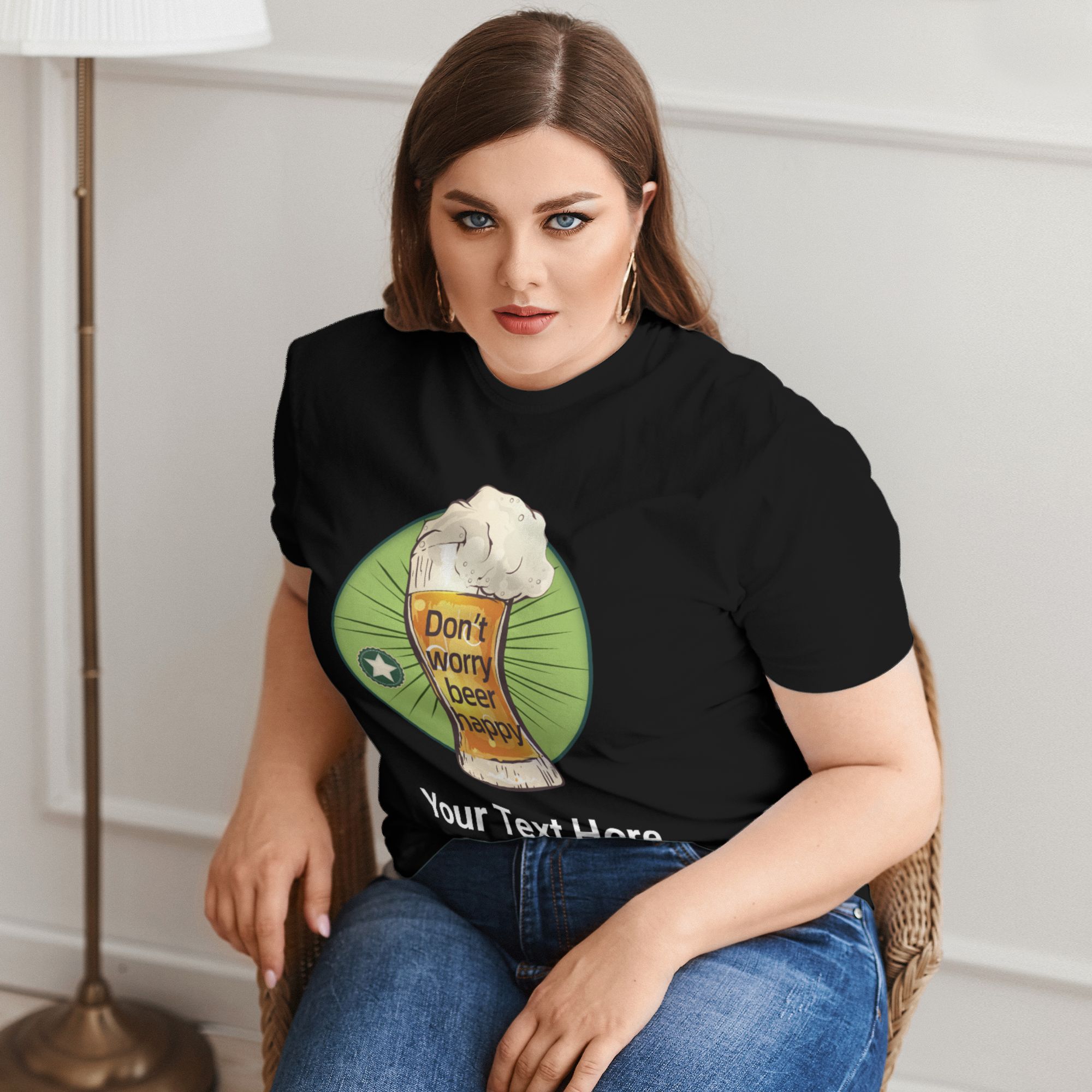 Personalized Beer Happy with Text Women's Plus-Size Cotton Short-sleeved T-Shirt Gift for Her