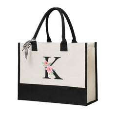 Personalized Flower Initial Canvas Patchwork Gift Tote Bag