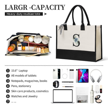 Personalized Flower Initial Canvas Patchwork Gift Tote Bag