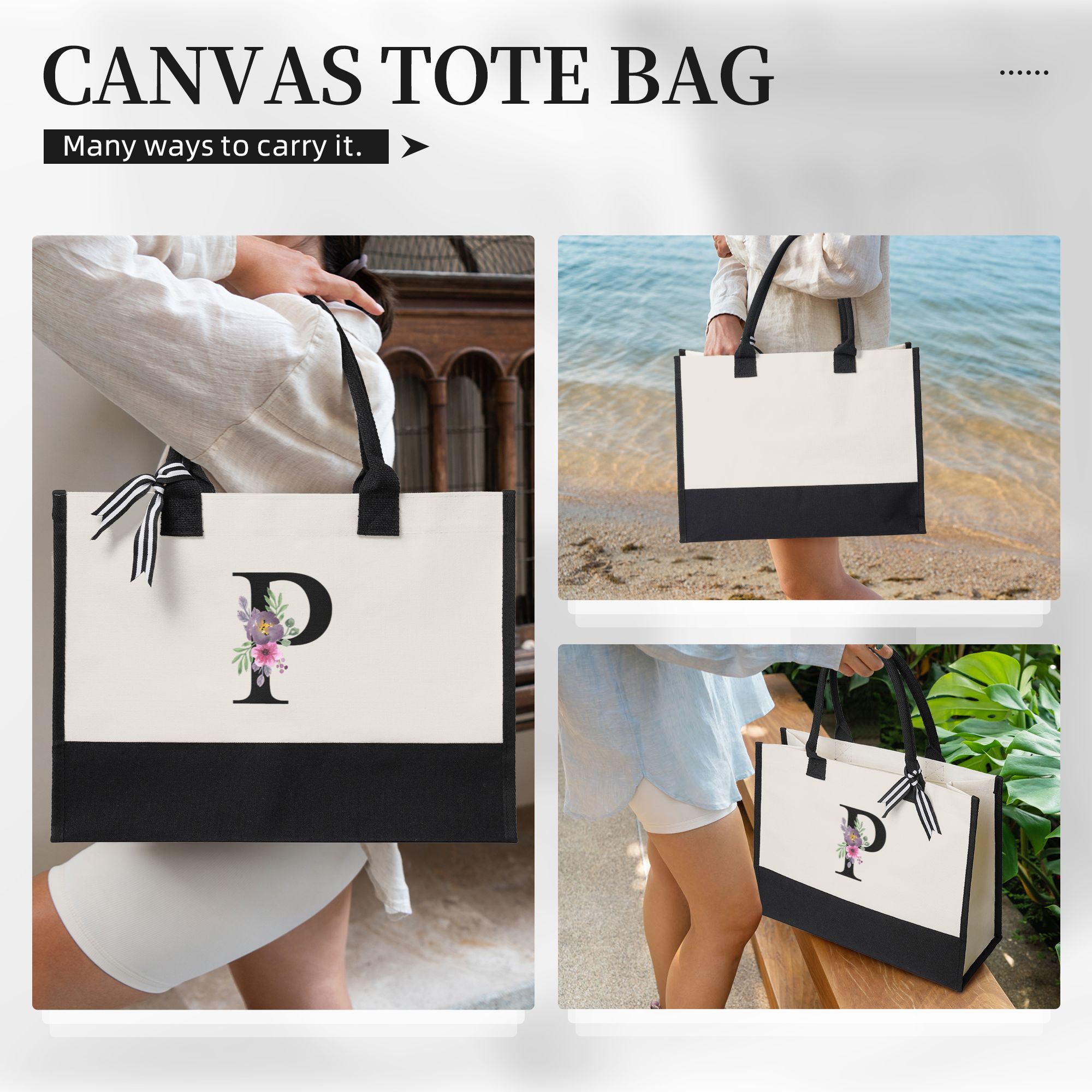 Personalized Flower Initial Canvas Patchwork Gift Tote Bag