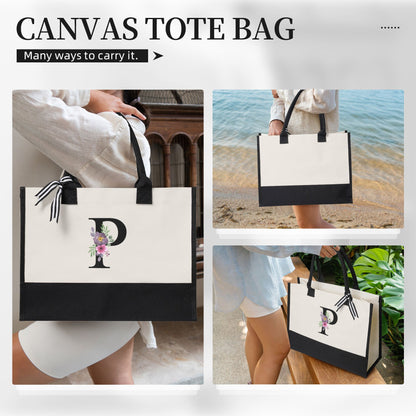 Personalized Flower Initial Canvas Patchwork Gift Tote Bag