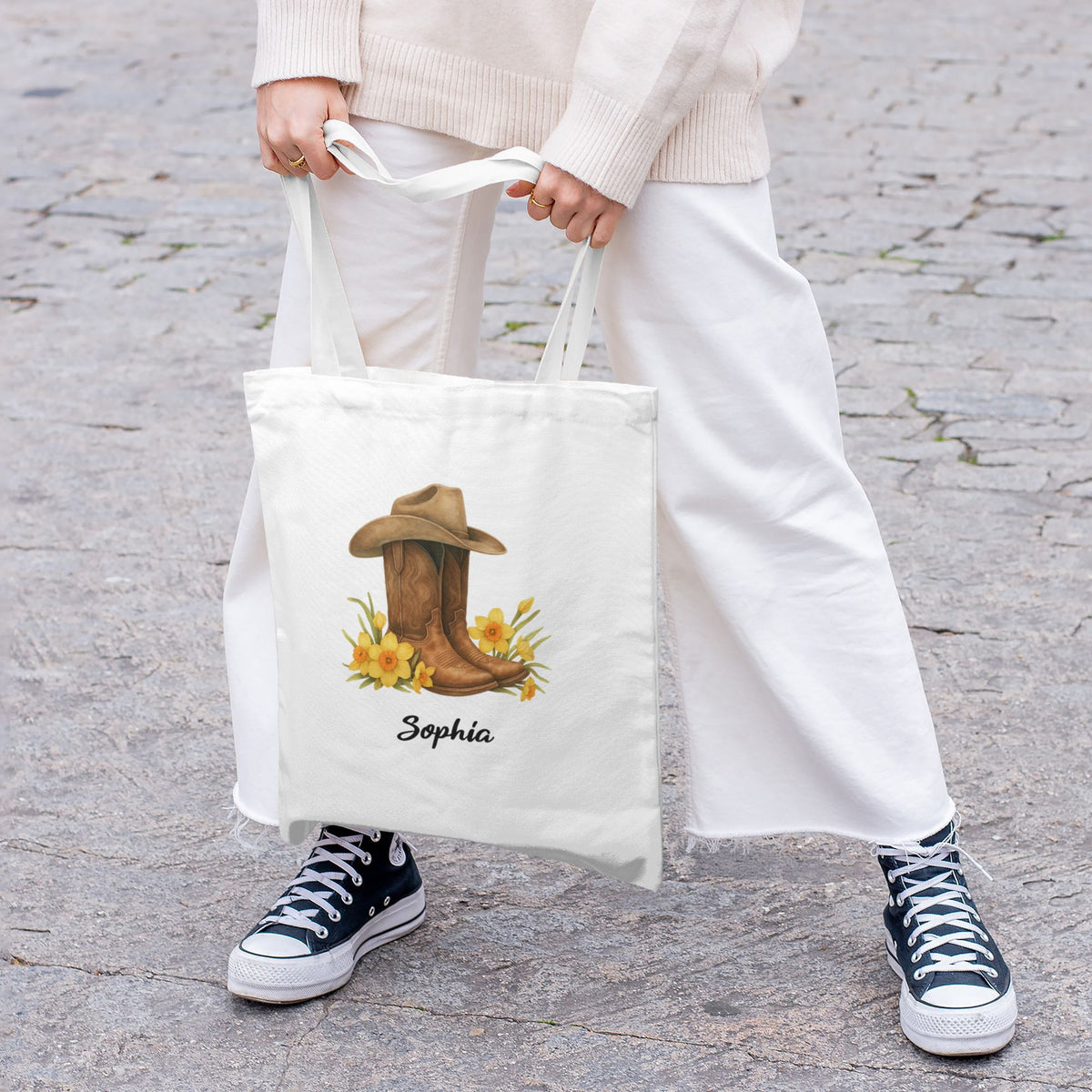Personalized Birth Flower Western Cowgirl Boots with Name Canvas Bag Gift for Her