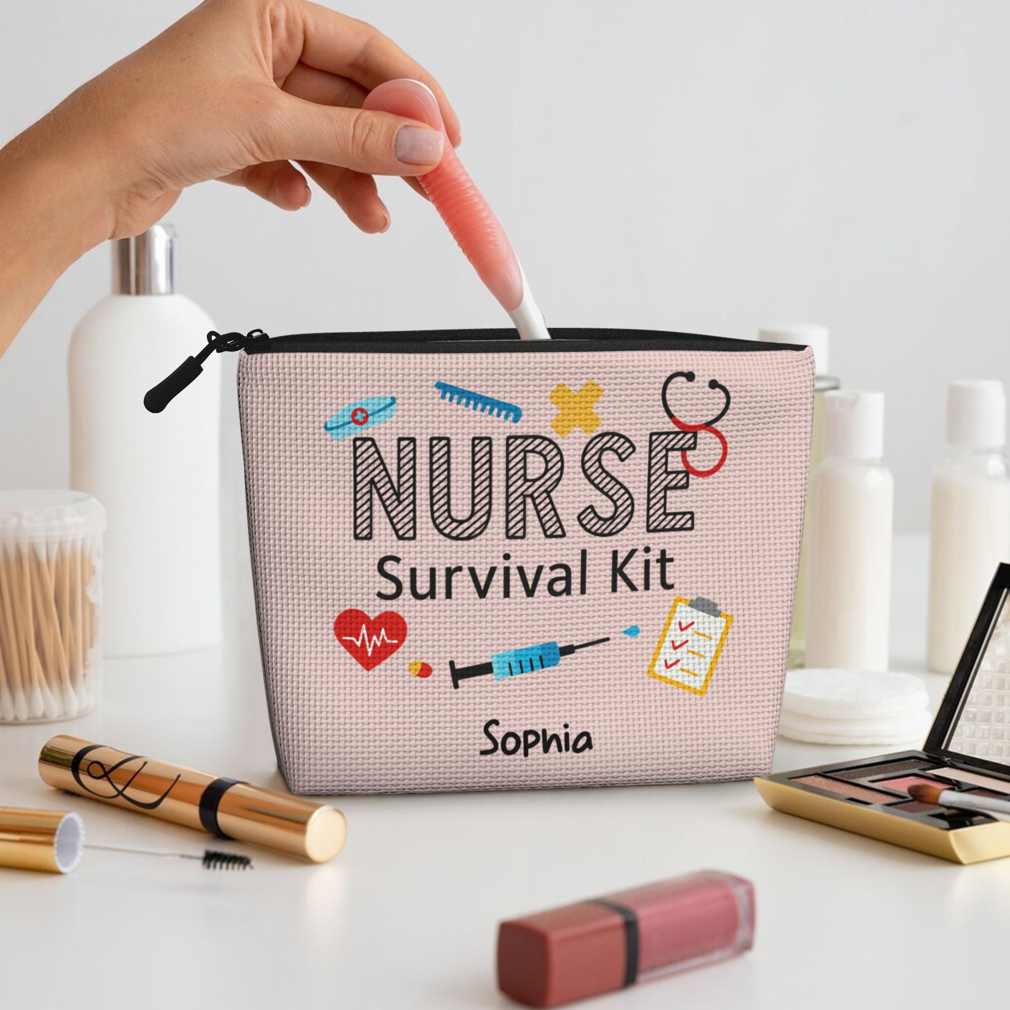 Personalized Nurse-Themed Hemp Cosmetic Bag with Name or Text Makeup Pouch for Nurses
