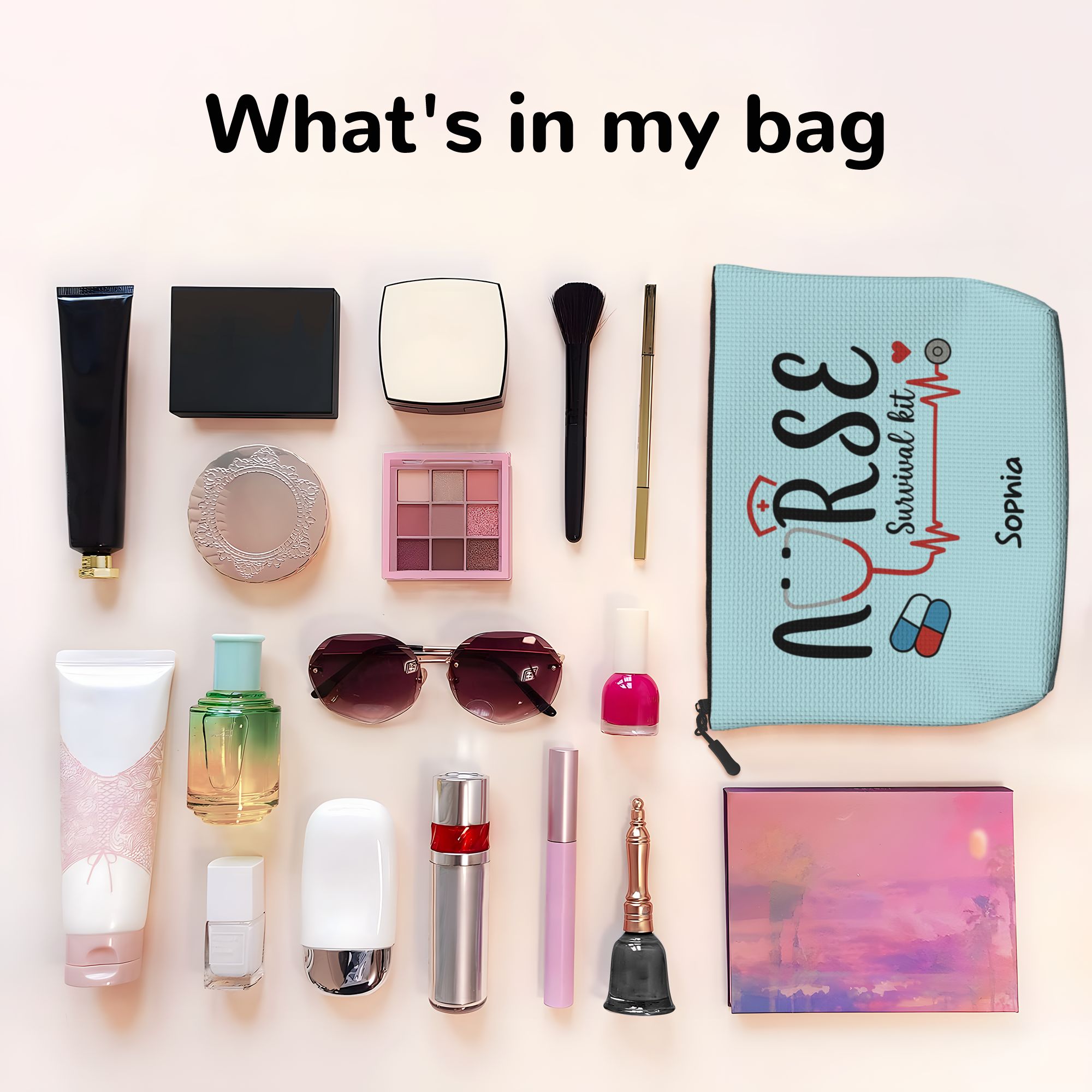 Personalized Nurse-Themed Hemp Cosmetic Bag with Name or Text Makeup Pouch for Nurses