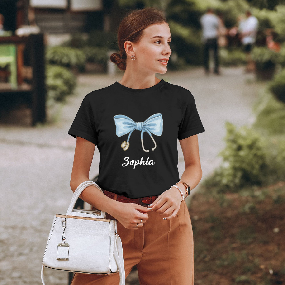 Personalized Nurse Appreciation Bow Stethoscope T-shirt Gift for Her