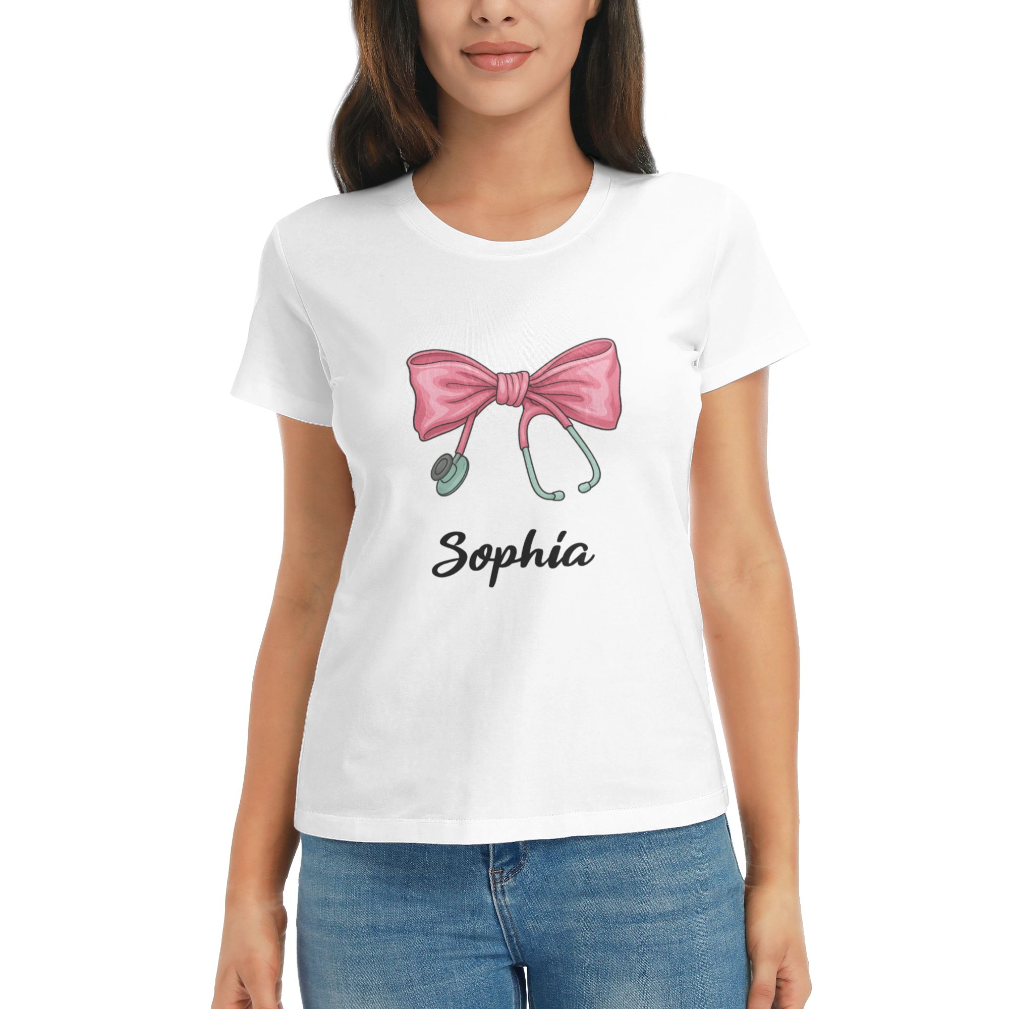 Personalized Nurse Appreciation Bow Stethoscope T-shirt Gift for Her