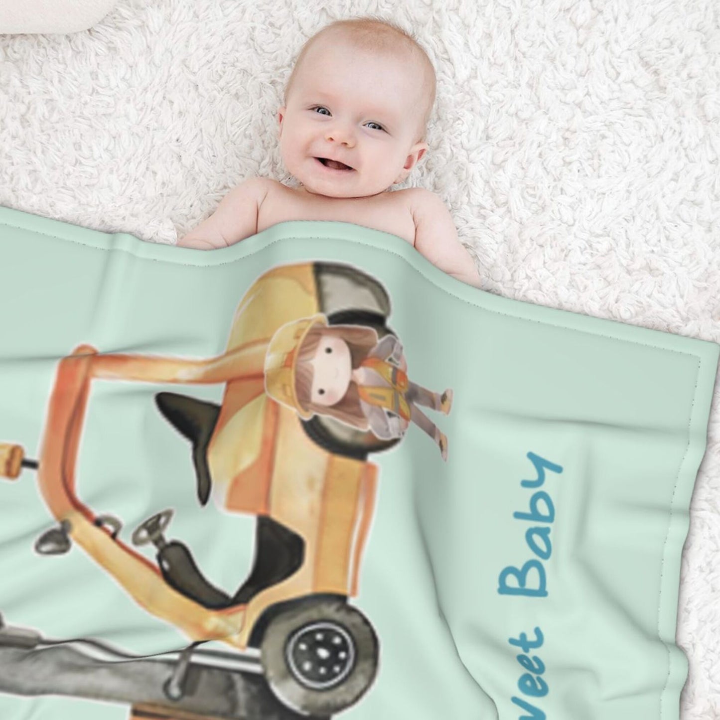 Personalized Cartoon Engineering Vehicle Soft Throw Blanket with Name Birthday Gift for Kids