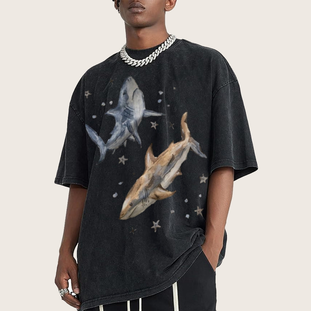 Two Sharks Unisex Vintage Washed Tee
