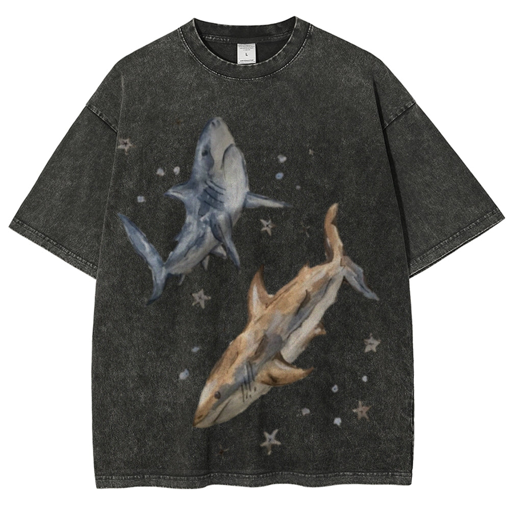 Two Sharks Unisex Vintage Washed Tee