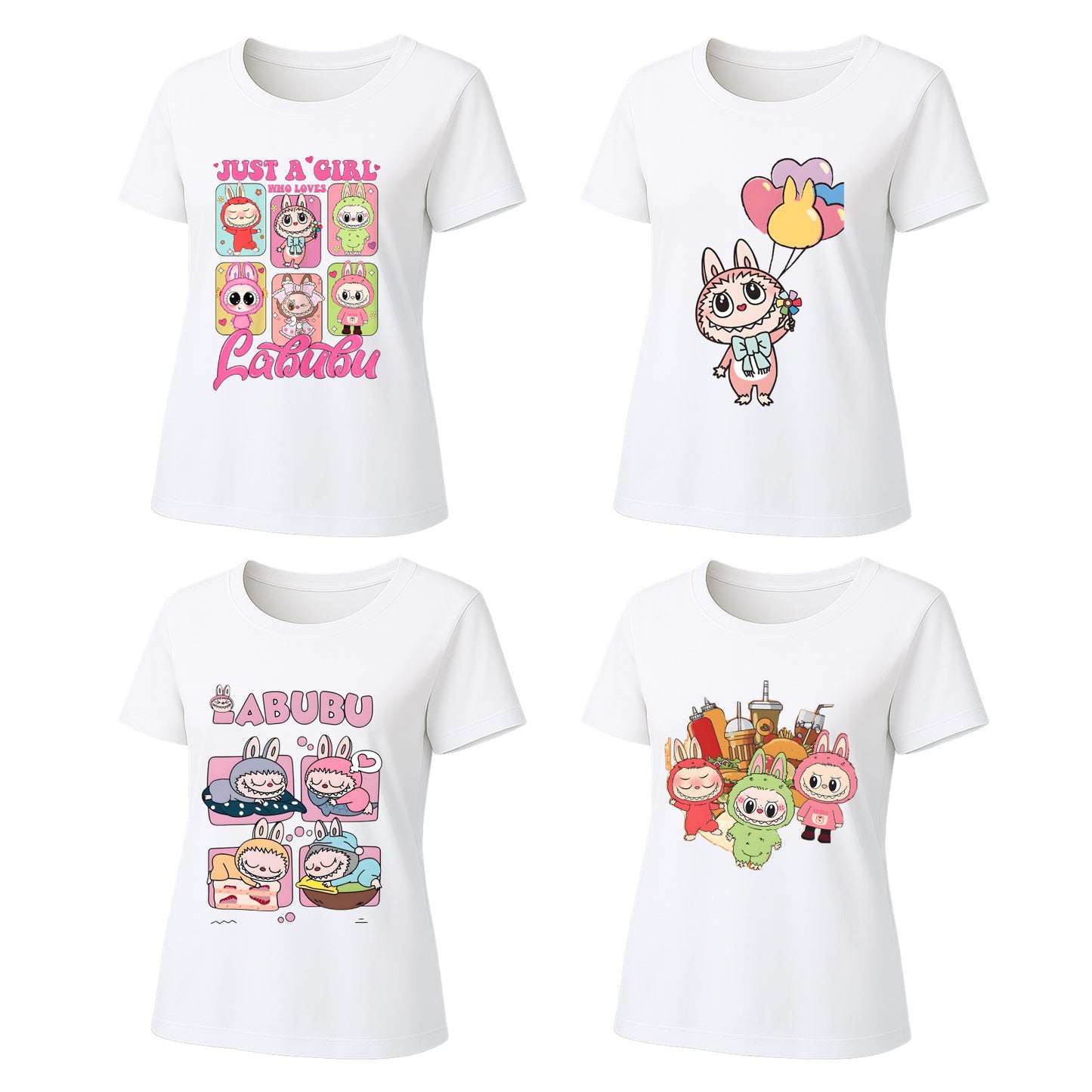 Labubu T-Shirt 4 Pack, Short Sleeve Crew Neck Tees, Summer Graphic Tops for Women, Unisex S-3XL