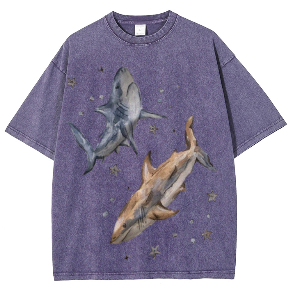 Two Sharks Unisex Vintage Washed Tee